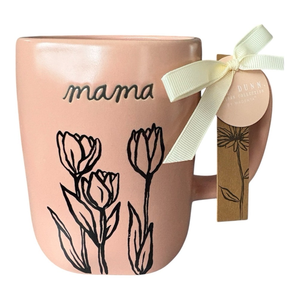 Rae Dunn Pink MAMA Mug With Black Sketch Tulips Mother's Day‎ Floral Tea Cup